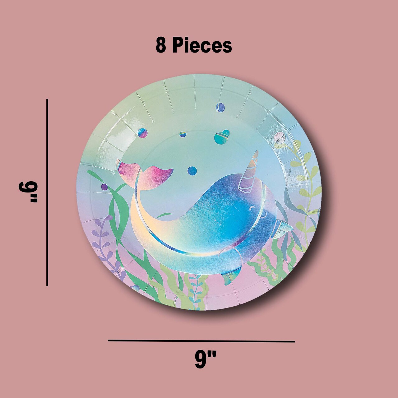 8 Count Iridescent Narwhal Party Paper Dinner Plates 9" Magical Sea-Themed Disposable Plates
